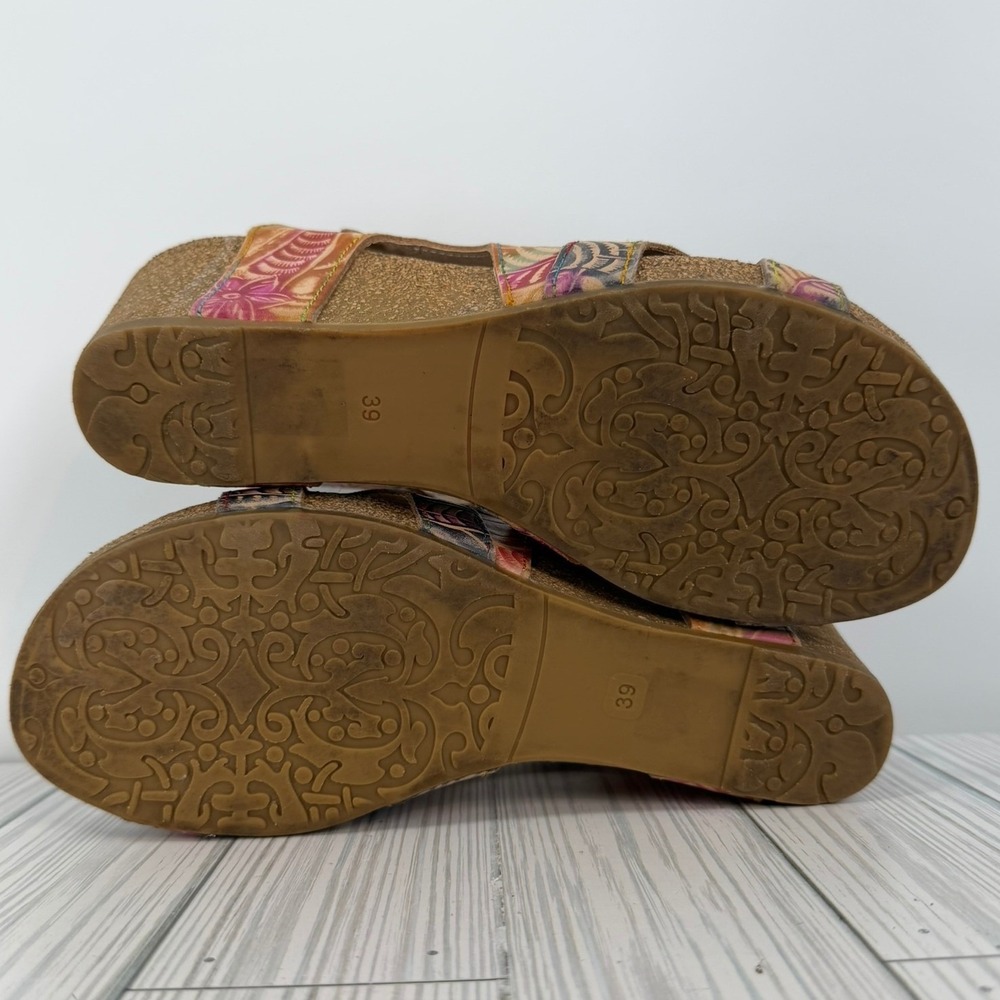 L'Artiste Bonvoyage Sandals Floral Embossed Leather Women's Size 39/8 US - Picture 8 of 10